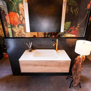 Badkamermeubelset Mondiaz Erin 100 cm met 1 Lade met RIDGE Wastafel Midden Talc met 1 kraangat Greeploos Mat Washed Oak