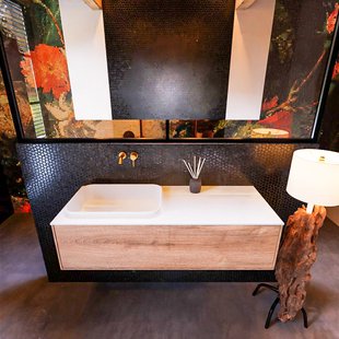 Badkamermeubelset Mondiaz Erin 120 cm met 1 Lade met RIDGE Wastafel Links Talc Zonder Kraangaten Greeploos Mat Washed Oak