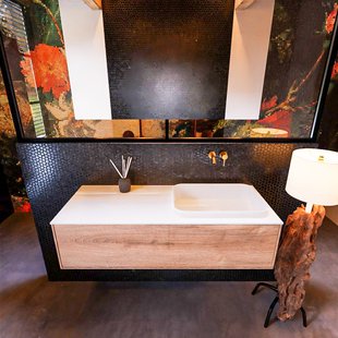 Badkamermeubelset Mondiaz Erin 120 cm met 1 Lade met RIDGE Wastafel Rechts Talc Zonder Kraangaten Greeploos Mat Washed Oak