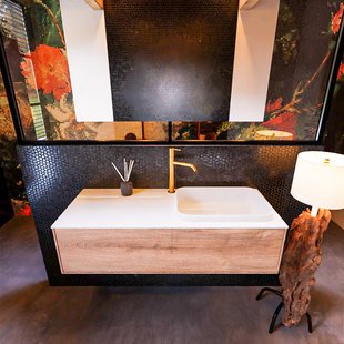 Badkamermeubelset Mondiaz Erin 120 cm met 1 Lade met RIDGE Wastafel Rechts Talc met 1 kraangat Greeploos Mat Washed Oak