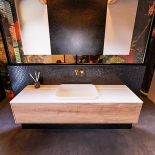 Badkamermeubelset Mondiaz Erin 150 cm met 1 Lade met RIDGE Wastafel Midden Talc Zonder Kraangaten Greeploos Mat Washed Oak