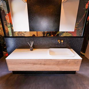 Badkamermeubelset Mondiaz Erin 150 cm met 1 Lade met RIDGE Wastafel Rechts Talc Zonder Kraangaten Greeploos Mat Washed Oak