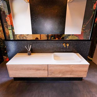 Badkamermeubelset Mondiaz Erin 150 cm met 2 Lades met RIDGE Wastafel Rechts Talc Zonder Kraangaten Greeploos Mat Washed Oak