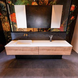 Badkamermeubelset Mondiaz Erin 200 cm met 2 Lades met RIDGE Wastafel Links Talc Zonder Kraangaten Greeploos Mat Washed Oak