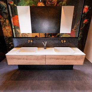 Badkamermeubelset Mondiaz Erin 200 cm met 2 Lades met RIDGE Wastafel Dubbel Talc Zonder Kraangaten Greeploos Mat Washed Oak