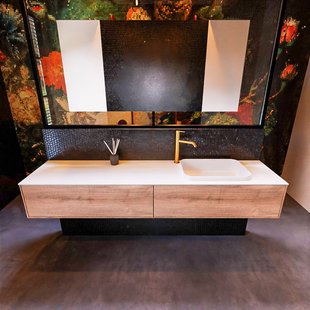 Badkamermeubelset Mondiaz Erin 200 cm met 2 Lades met RIDGE Wastafel Rechts Talc met 1 kraangat Greeploos Mat Washed Oak