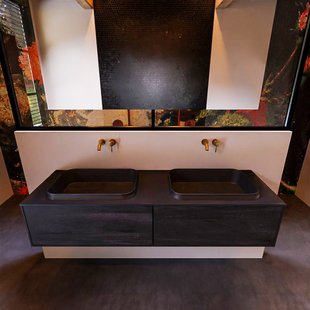 Badkamermeubelset Mondiaz Erin 150 cm met 2 Lades met RIDGE Wastafel Dubbel Urban Zonder Kraangaten Greeploos Mat Antracite