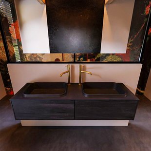 Badkamermeubelset Mondiaz Erin 150 cm met 2 Lades met RIDGE Wastafel Dubbel Urban met 2 kraangaten Greeploos Mat Antracite