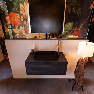 Badkamermeubelset Mondiaz Erin 80 cm met 1 Lade met RIDGE Wastafel Midden Urban met 1 kraangat Greeploos Mat Dark Brown