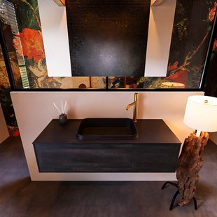 Badkamermeubelset Mondiaz Erin 120 cm met 1 Lade met RIDGE Wastafel Midden Urban met 1 kraangat Greeploos Mat Dark Brown