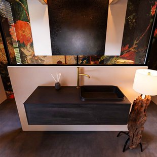 Badkamermeubelset Mondiaz Erin 120 cm met 1 Lade met RIDGE Wastafel Rechts Urban met 1 kraangat Greeploos Mat Dark Brown