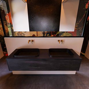 Badkamermeubelset Mondiaz Erin 150 cm met 1 Lade met RIDGE Wastafel Dubbel Urban Zonder Kraangaten Greeploos Mat Dark Brown