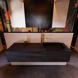 Badkamermeubelset Mondiaz Erin 150 cm met 1 Lade met RIDGE Wastafel Rechts Urban met 1 kraangat Greeploos Mat Dark Brown