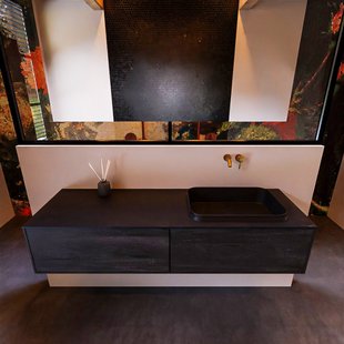 Badkamermeubelset Mondiaz Erin 150 cm met 2 Lades met RIDGE Wastafel Rechts Urban Zonder Kraangaten Greeploos Mat Dark Brown