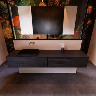 Badkamermeubelset Mondiaz Erin 200 cm met 2 Lades met RIDGE Wastafel Links Urban Zonder Kraangaten Greeploos Mat Dark Brown