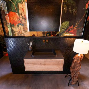 Badkamermeubelset Mondiaz Erin 80 cm met 1 Lade met RIDGE Wastafel Midden Urban Zonder Kraangaten Greeploos Mat Washed Oak