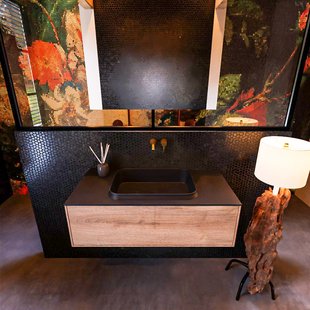 Badkamermeubelset Mondiaz Erin 100 cm met 1 Lade met RIDGE Wastafel Midden Urban Zonder Kraangaten Greeploos Mat Washed Oak