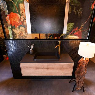 Badkamermeubelset Mondiaz Erin 100 cm met 1 Lade met RIDGE Wastafel Midden Urban met 1 kraangat Greeploos Mat Washed Oak