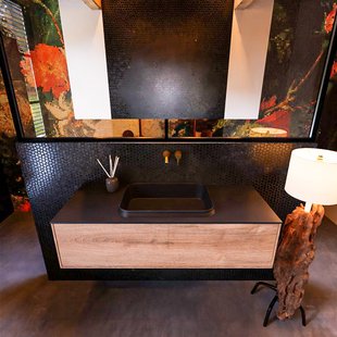 Badkamermeubelset Mondiaz Erin 120 cm met 1 Lade met RIDGE Wastafel Midden Urban Zonder Kraangaten Greeploos Mat Washed Oak