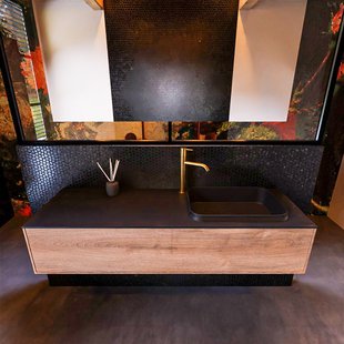 Badkamermeubelset Mondiaz Erin 150 cm met 1 Lade met RIDGE Wastafel Rechts Urban met 1 kraangat Greeploos Mat Washed Oak