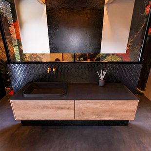 Badkamermeubelset Mondiaz Erin 150 cm met 2 Lades met RIDGE Wastafel Links Urban Zonder Kraangaten Greeploos Mat Washed Oak