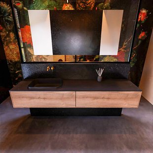 Badkamermeubelset Mondiaz Erin 200 cm met 2 Lades met RIDGE Wastafel Links Urban Zonder Kraangaten Greeploos Mat Washed Oak