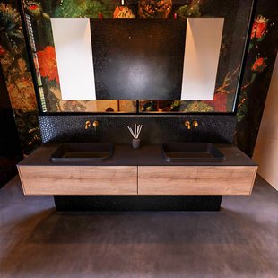 Badkamermeubelset Mondiaz Erin 200 cm met 2 Lades met RIDGE Wastafel Dubbel Urban Zonder Kraangaten Greeploos Mat Washed Oak