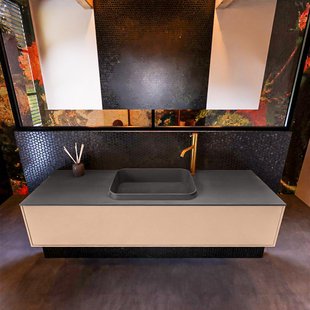 Badkamermeubelset Mondiaz Erin 150 cm met 1 Lade met RIDGE Wastafel Midden Dark grey met 1 kraangat Greeploos Mat Rosee