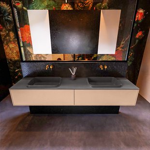 Badkamermeubelset Mondiaz Erin 200 cm met 2 Lades met RIDGE Wastafel Dubbel Dark grey Zonder Kraangaten Greeploos Mat Rosee