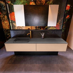 Badkamermeubelset Mondiaz Erin 200 cm met 2 Lades met RIDGE Wastafel Links Dark grey met 1 kraangat Greeploos Mat Rosee