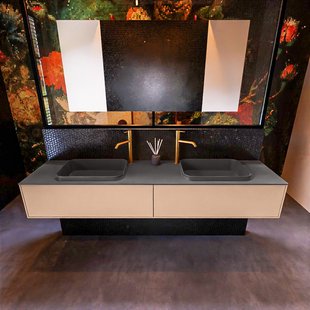 Badkamermeubelset Mondiaz Erin 200 cm met 2 Lades met RIDGE Wastafel Dubbel Dark grey met 2 kraangaten Greeploos Mat Rosee