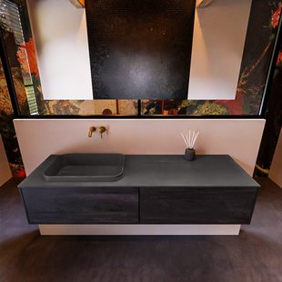 Badkamermeubelset Mondiaz Erin 150 cm met 2 Lades met RIDGE Wastafel Links Dark grey Zonder Kraangaten Greeploos Mat Antracite