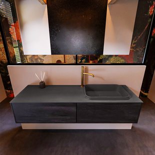 Badkamermeubelset Mondiaz Erin 150 cm met 2 Lades met RIDGE Wastafel Rechts Dark grey met 1 kraangat Greeploos Mat Antracite