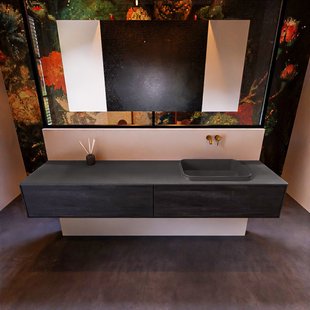 Badkamermeubelset Mondiaz Erin 200 cm met 2 Lades met RIDGE Wastafel Rechts Dark grey Zonder Kraangaten Greeploos Mat Antracite