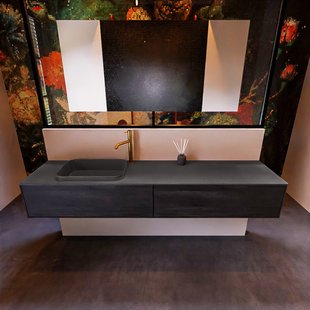 Badkamermeubelset Mondiaz Erin 200 cm met 2 Lades met RIDGE Wastafel Links Dark grey met 1 kraangat Greeploos Mat Antracite