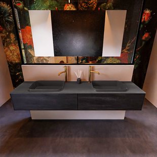 Badkamermeubelset Mondiaz Erin 200 cm met 2 Lades met RIDGE Wastafel Dubbel Dark grey met 2 kraangaten Greeploos Mat Antracite