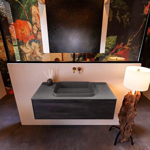 Badkamermeubelset Mondiaz Erin 100 cm met 1 Lade met RIDGE Wastafel Midden Dark grey Zonder Kraangaten Greeploos Mat Dark Brown