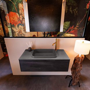 Badkamermeubelset Mondiaz Erin 100 cm met 1 Lade met RIDGE Wastafel Midden Dark grey met 1 kraangat Greeploos Mat Dark Brown