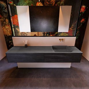 Badkamermeubelset Mondiaz Erin 200 cm met 2 Lades met RIDGE Wastafel Rechts Dark grey Zonder Kraangaten Greeploos Mat Dark Brown