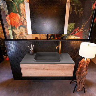 Badkamermeubelset Mondiaz Erin 100 cm met 1 Lade met RIDGE Wastafel Midden Dark grey met 1 kraangat Greeploos Mat Washed Oak