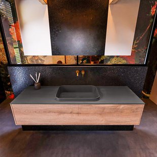 Badkamermeubelset Mondiaz Erin 150 cm met 1 Lade met RIDGE Wastafel Midden Dark grey Zonder Kraangaten Greeploos Mat Washed Oak