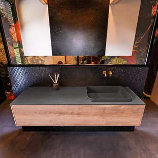 Badkamermeubelset Mondiaz Erin 150 cm met 1 Lade met RIDGE Wastafel Rechts Dark grey Zonder Kraangaten Greeploos Mat Washed Oak