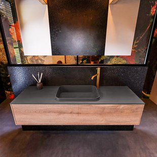 Badkamermeubelset Mondiaz Erin 150 cm met 1 Lade met RIDGE Wastafel Midden Dark grey met 1 kraangat Greeploos Mat Washed Oak