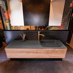 Badkamermeubelset Mondiaz Erin 150 cm met 1 Lade met RIDGE Wastafel Rechts Dark grey met 1 kraangat Greeploos Mat Washed Oak