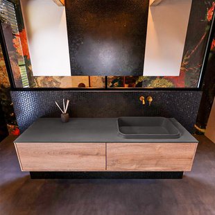 Badkamermeubelset Mondiaz Erin 150 cm met 2 Lades met RIDGE Wastafel Rechts Dark grey Zonder Kraangaten Greeploos Mat Washed Oak