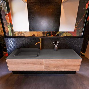 Badkamermeubelset Mondiaz Erin 150 cm met 2 Lades met RIDGE Wastafel Links Dark grey met 1 kraangat Greeploos Mat Washed Oak