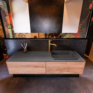 Badkamermeubelset Mondiaz Erin 150 cm met 2 Lades met RIDGE Wastafel Rechts Dark grey met 1 kraangat Greeploos Mat Washed Oak