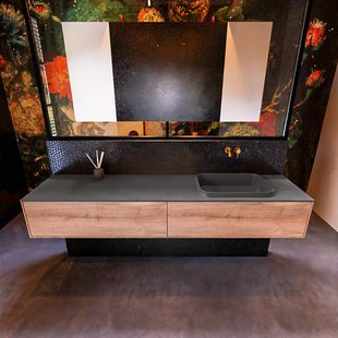 Badkamermeubelset Mondiaz Erin 200 cm met 2 Lades met RIDGE Wastafel Rechts Dark grey Zonder Kraangaten Greeploos Mat Washed Oak