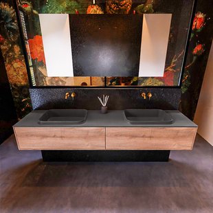 Badkamermeubelset Mondiaz Erin 200 cm met 2 Lades met RIDGE Wastafel Dubbel Dark grey Zonder Kraangaten Greeploos Mat Washed Oak