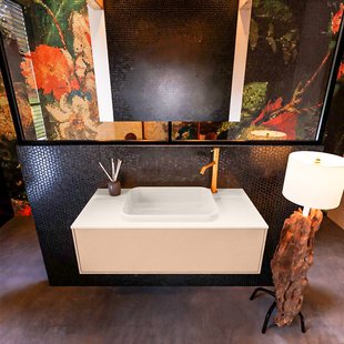 Badkamermeubelset Mondiaz Erin 100 cm met 1 Lade met RIDGE Wastafel Midden Linen met 1 kraangat Greeploos Mat Rosee